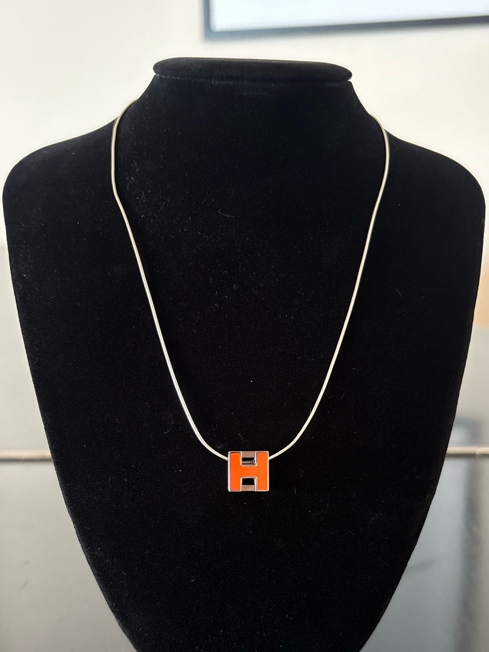 Hermes Orange H Cube Pendant On Silver Chain Necklace AUTHENTIC
